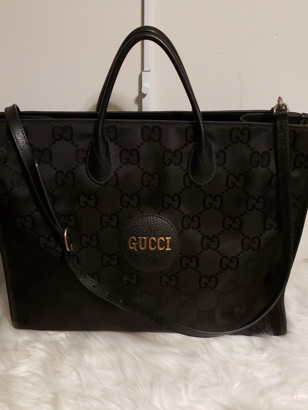 Gucci Black GG Monogram Tote with Gold Logo